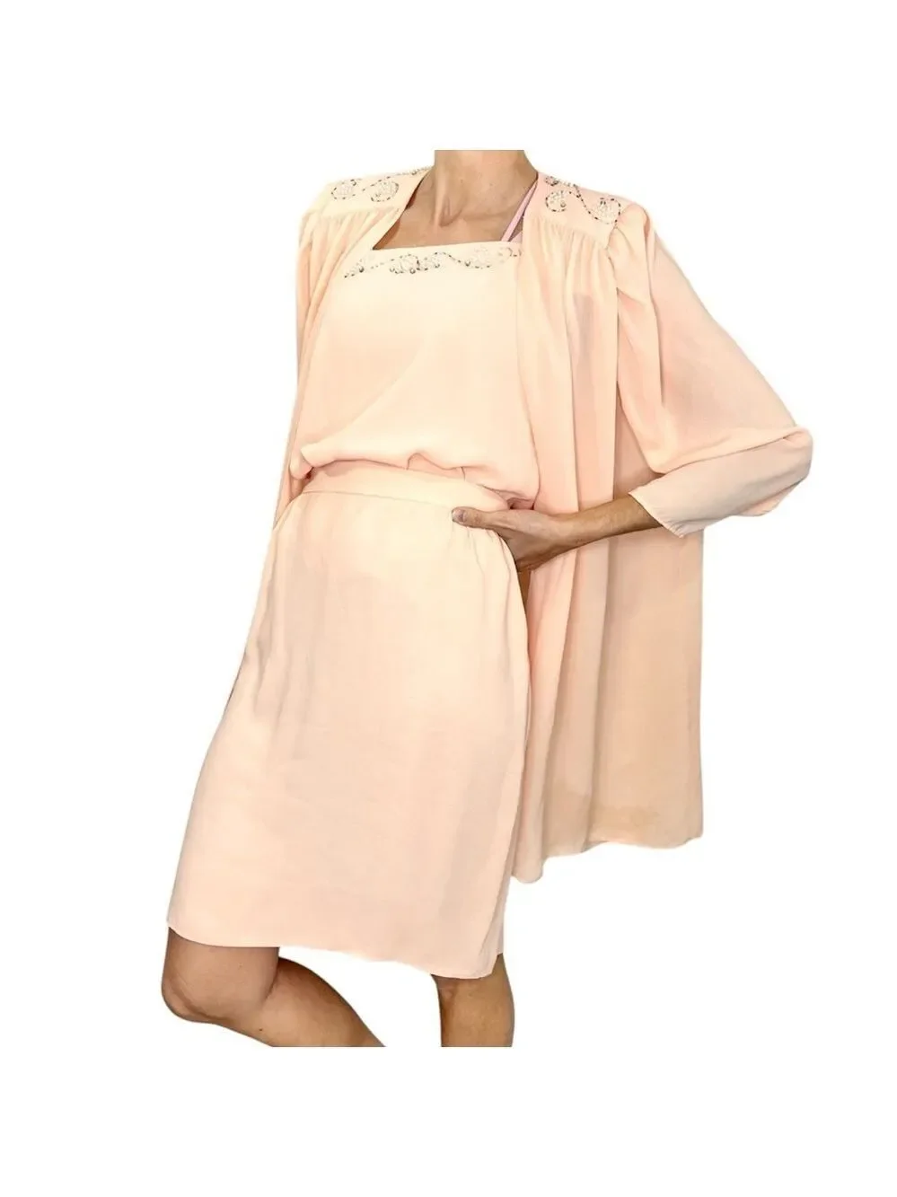 Vintage 80s union made beaded peach chiffon open jacket cami skirt set suit 16 - Picture 3 of 17
